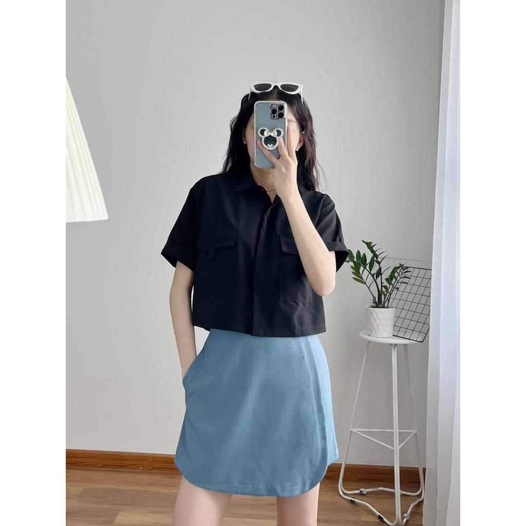 Áo sơ mi croptop ngắn tay phom rộng cá tính