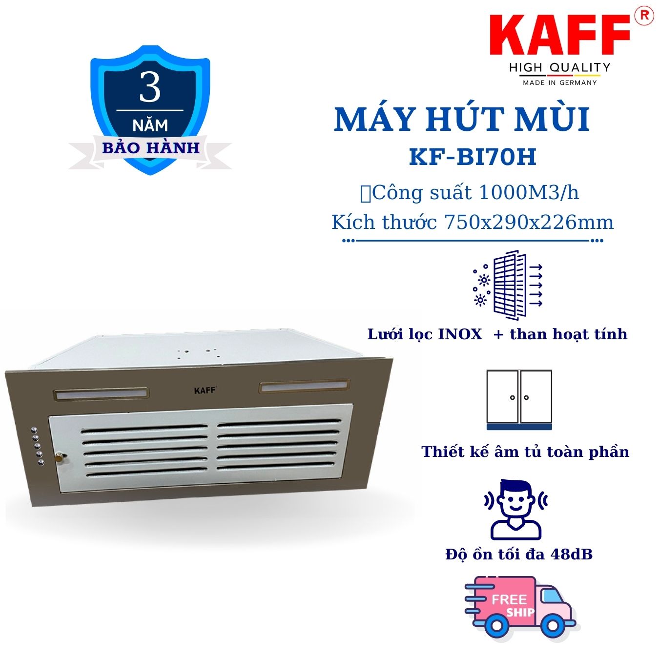 Máy hút mùi âm toàn phần mặt kính 700mm KAFF KF_BI70H Tặng bộ lọc than thay thế  KAFF_ Hàng Chính Hãng