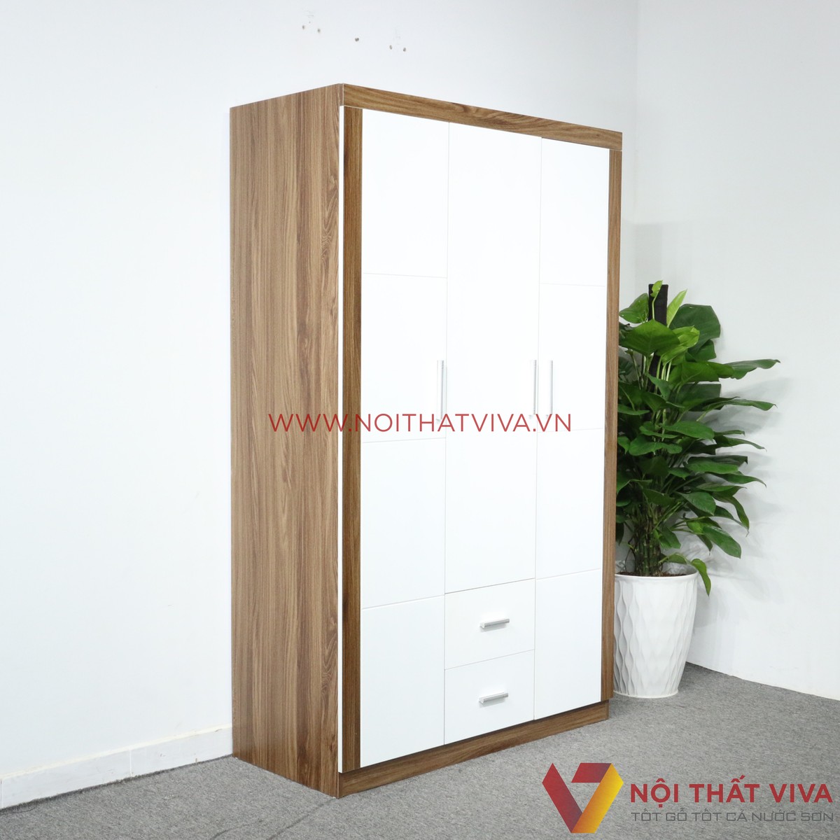 Tủ Áo 3 Cánh Cửa Mở Gỗ MDF Melamine Màu Óc Chó Cánh Trắng Đẹp Giá Rẻ