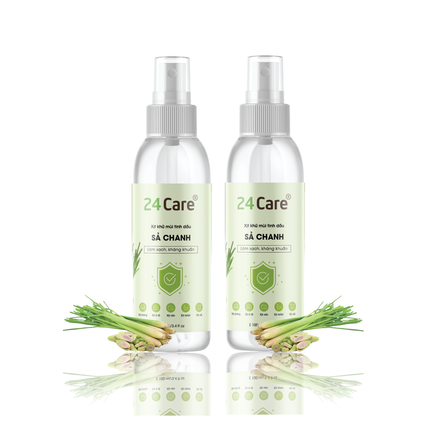 Combo 2 chai Xịt Phòng Tinh Dầu Sả Chanh Hữu Cơ Organic 24Care 100ml/chai - Kháng khuẩn - Khử mùi hôi