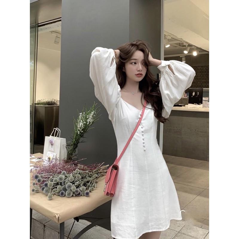 Đầm voan tơ nút bọc tay dài