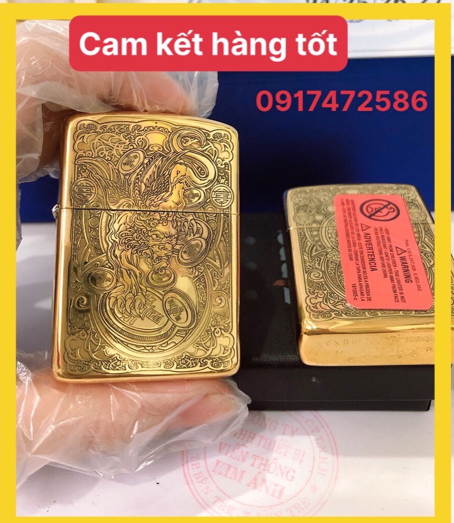 BẬT LỬA Zippo Khắc Chìm 5 Mặt Tỳ Hưu ( KỲ LÂN) - MÀU VÀNG - RUỘT VÀNG