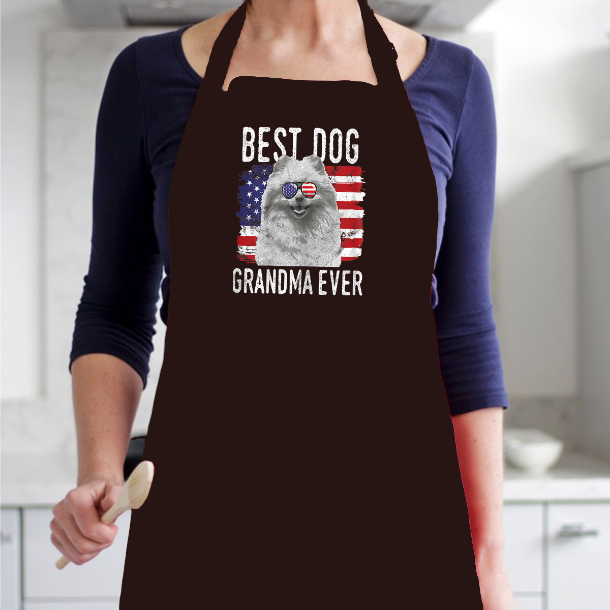Tạp Dề Làm Bếp In Hình Womens American Flag Best Dog Grandma Ever Pomeranian USA