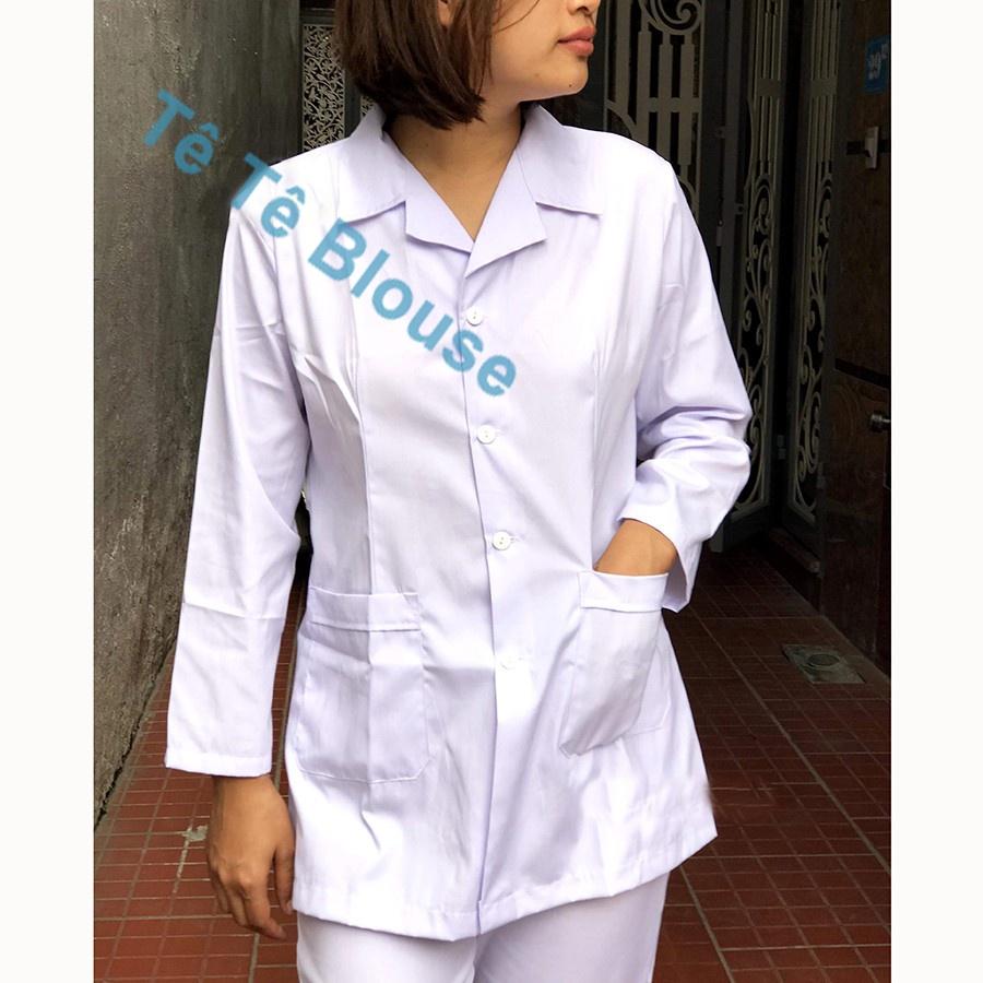 Bộ Quần Áo Blouse Dài Tay, Dáng Dài Ngang Mông Nam Nữ Cho Điều Dưỡng, Y tá ,Dược Sĩ, PTN, Vải Lon Nhật Và Thô