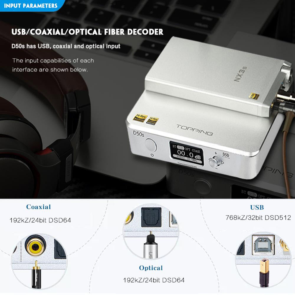 Thiết Bị Giải Mã Âm Thanh DAC Topping D50s Chuyên Dùng Cho Hệ Thống Âm Thanh Gia Đình, Trên Ô Tô Tích Hợp Bluetooth 5.0 Nghe Nhạc Lossless DSD512 32bit - Hàng Chính Hãng