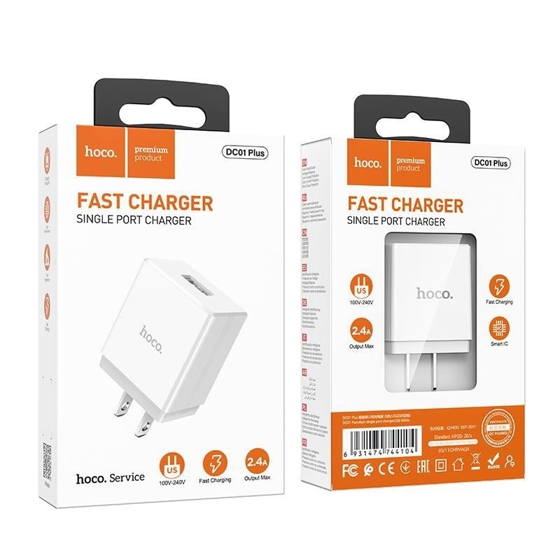 Củ sạc 2.4A Hoco DC01 Plus 1 cổng USB chân dẹt chất liệu chống cháy cao cấp - Hàng chính hãng