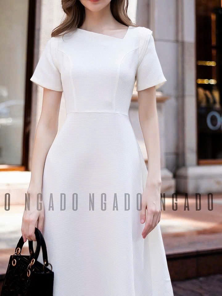 Đầm trắng cổ xéo NGADO , đầm dáng dài , đầm kiểu , đầm nữ , đầm dự tiệc