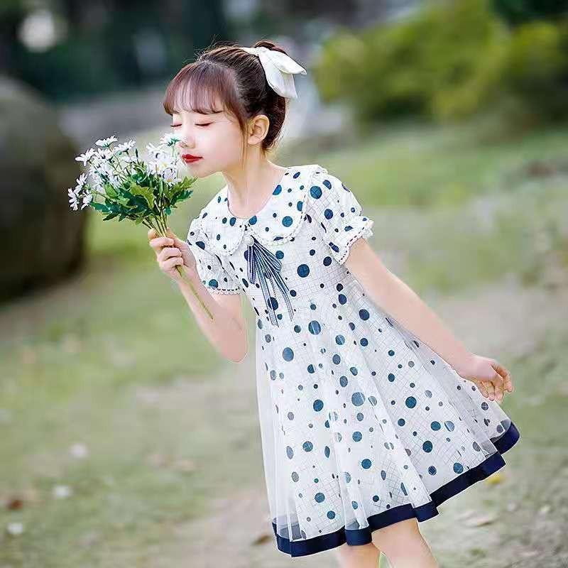 Váy đầm trẻ em phong cách Hàn Quốc dễ thương, Váy chấm bi cổ hoa siêu kute