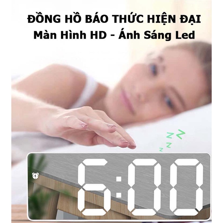 Đồng hồ để bàn led điều khiển âm thanh thông minh, đồng hồ báo thức kèm nhiệt độ mặt gương kỹ thuật số điện tử led 3d