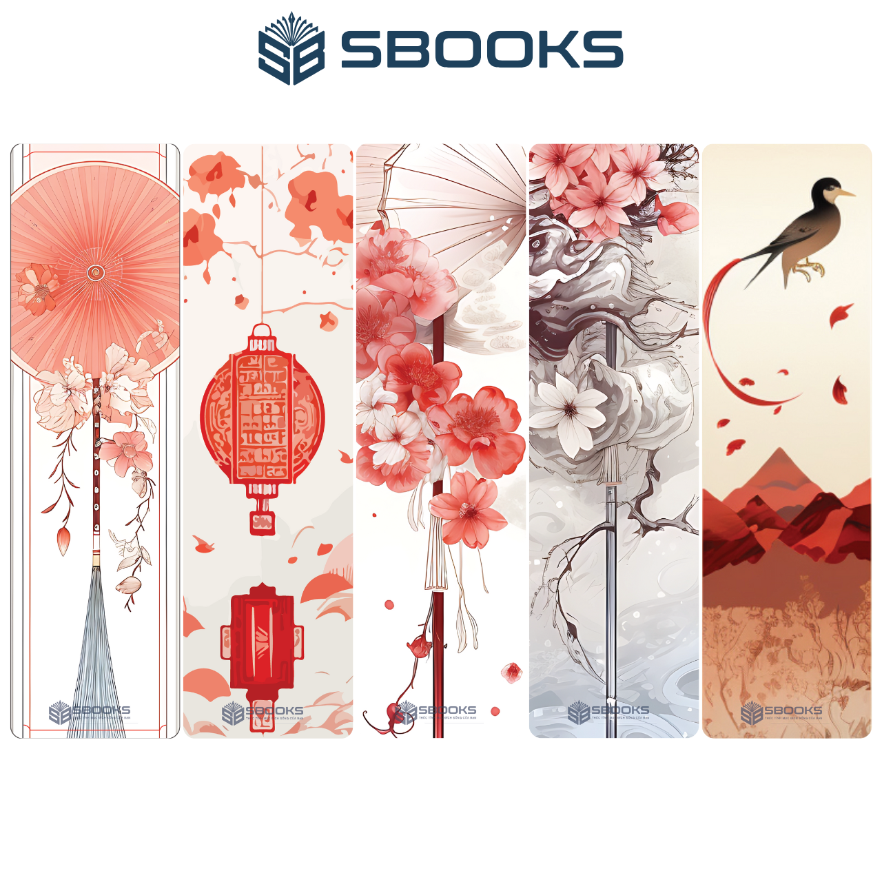 5 Cái Bookmark Kẹp Sách, Dấu Trang Hoạ Tiết Hoa Văn Trung Hoa Màu Đỏ - SBOOKS