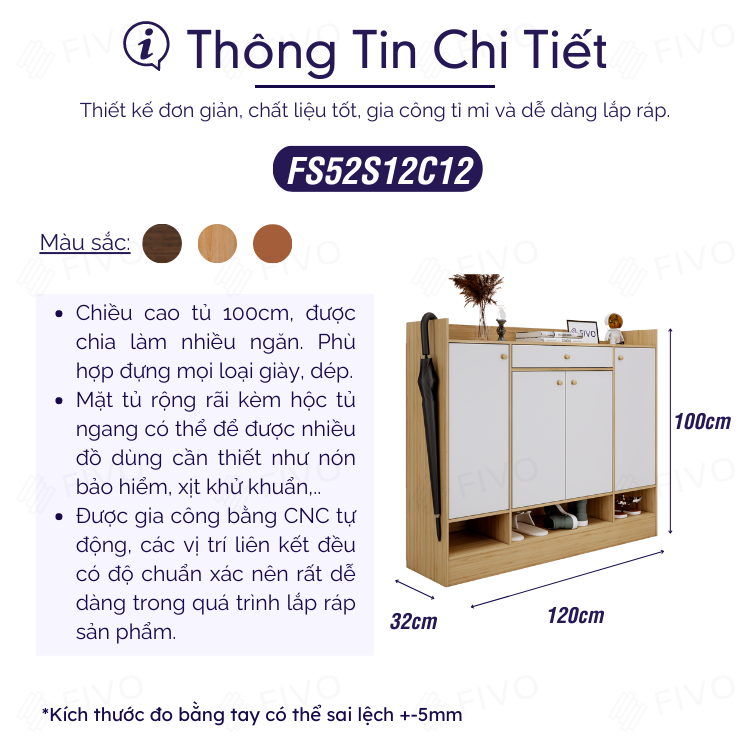 Tủ Kệ Giày Gỗ Chống Ẩm Cao Cấp FIVO FS52 Có Cửa, Ngăn Chứa Trong Tủ Lớn, Mặt Tủ Rộng Rãi, Kèm Hộc Tủ Ngang Giúp Đựng Vật Dụng Thường Dùng - Ngang 120cm
