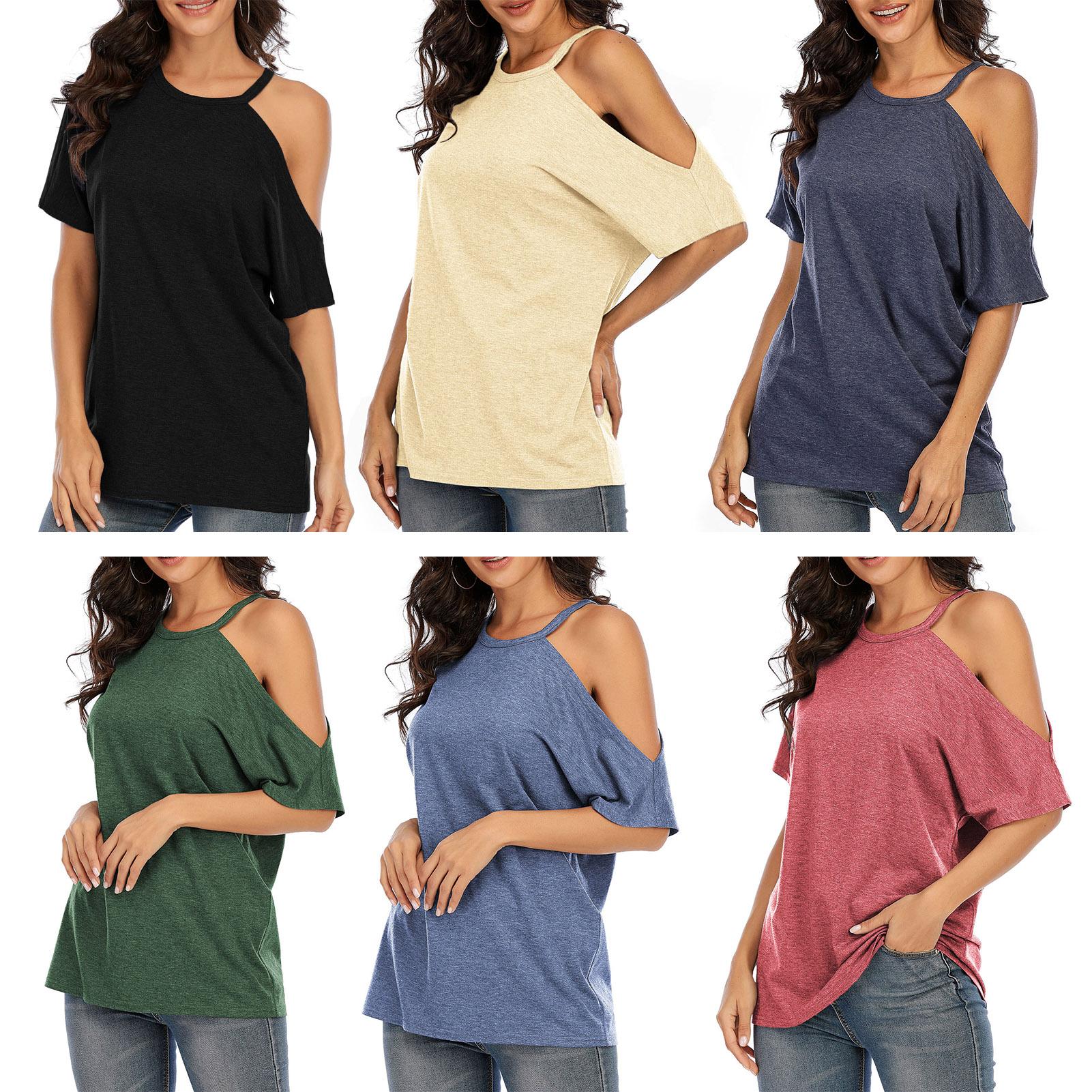 Fashion Women Summer Solid Color T-Shirt Off Shoulder O Neck Short Sleeve Casual Loose Blouse