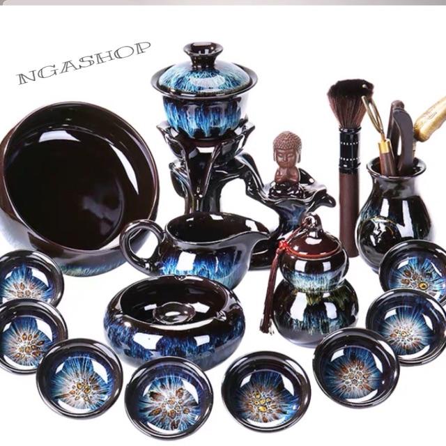 Bộ ấm chén pha trà đẹp Cối xay gốm sứ cao cấp,18-19 chi tết nâu tím chú tiểu