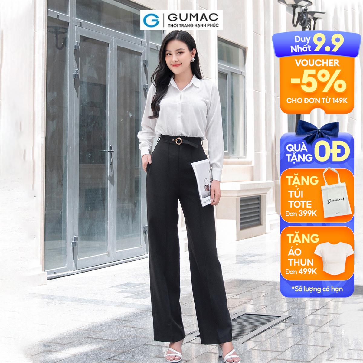 Quần nữ ống suông, lưng cao kèm dây thắt lưng nhỏ túi dọc ở 2 bên GUMAC QD09021
