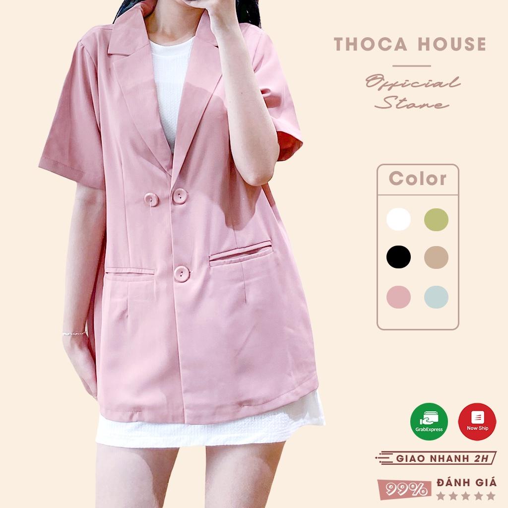 Áo vest nữ tay ngắn trơn khoác blazer túi nấp 3 nút THOCA HOUSE thanh lịch, dễ phối đồ