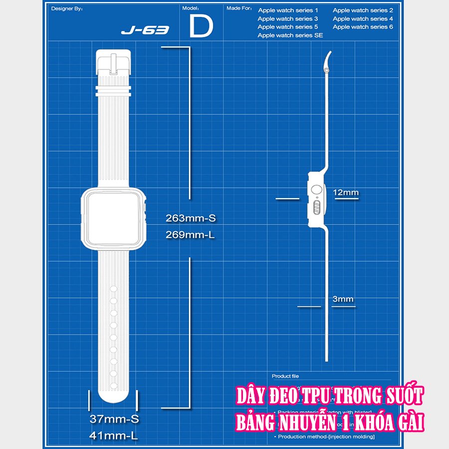 Dây Đeo liền ốp cho Apple Watch size 38/40/42/44mm TPU trong suốt nhuyễn 1 khóa gài_Đen Trong (tặng dán KCL theo size)