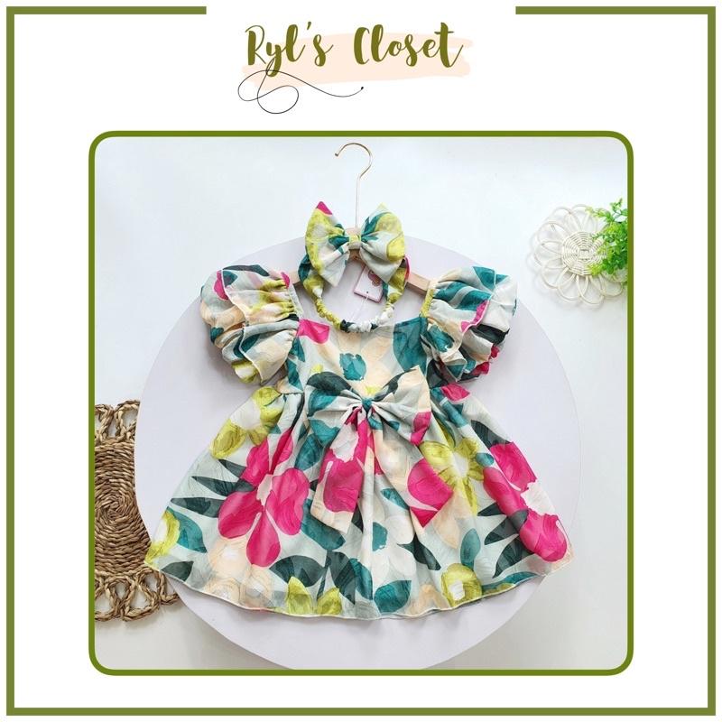 Váy Tơ Lụa Hoa Xanh Bé Gái 4 Đến 28kg, Đầm Bé Gái Chất Tơ Lụa Nổi 2 Lớp