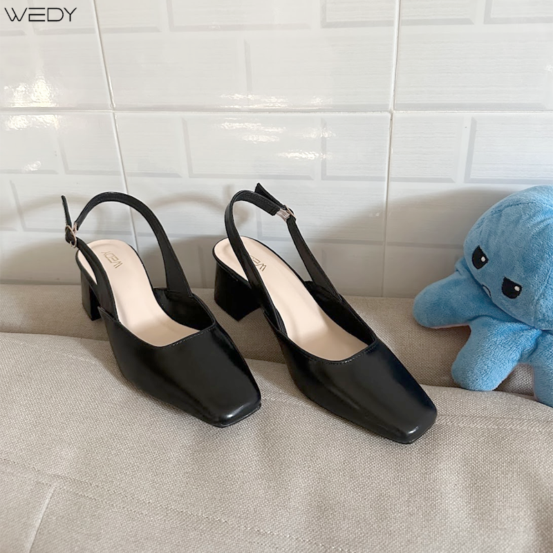 [HÌNH THẬT]Giày Cao Gót Slingback WEDY Mũi Vuông 5 Phân, Giày công sở Nữ Cao Gót Màu Đen WD2311