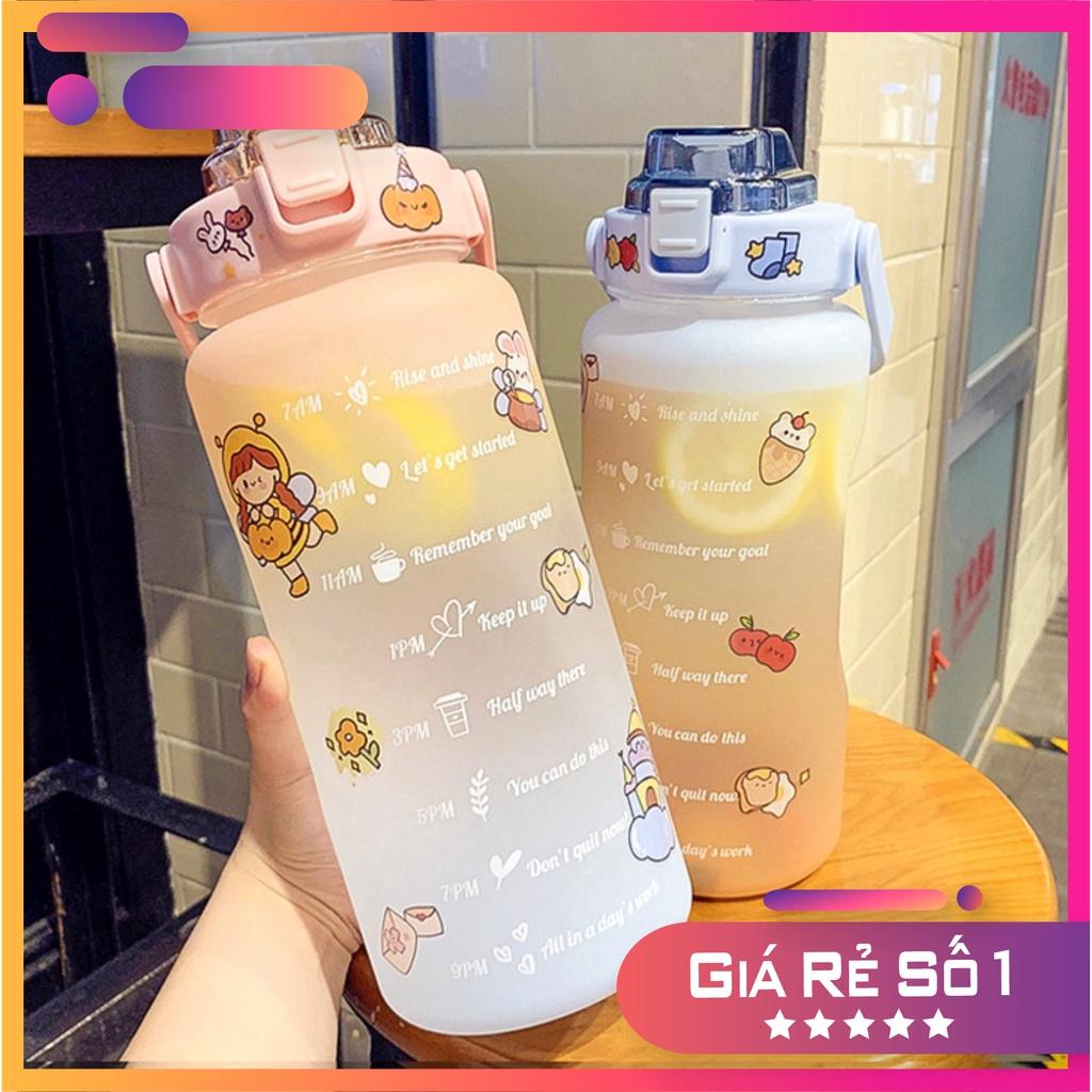 Bình nước 2 lít dành cho người lười uống nước bình nước cute 2L có ống hút, vạch chia nhắc giờ