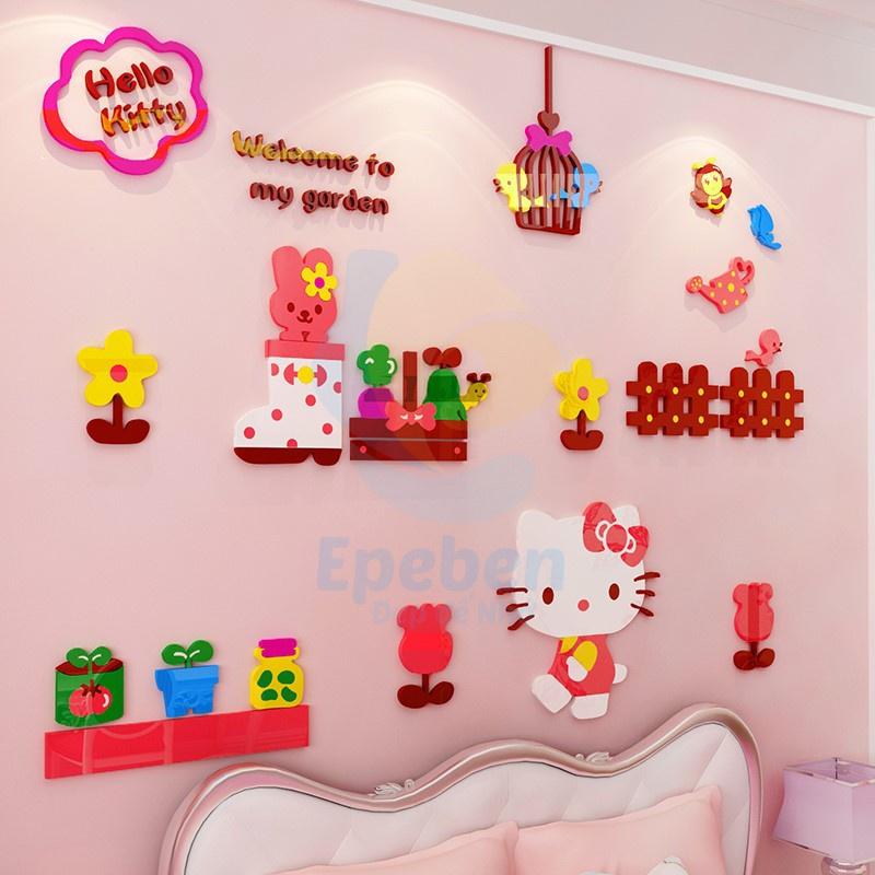 Tranh dán tường mica 3d decor khổ lớn khu vườn của hello kitty trang trí mầm non, mẫu giáo, phòng cho bé