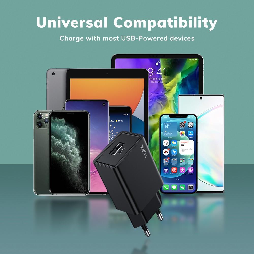 Đầu sạc TOPK với 1 cổng USB B25 10W QC2.0 giắc cắm EU có dây cáp cho điện thoại