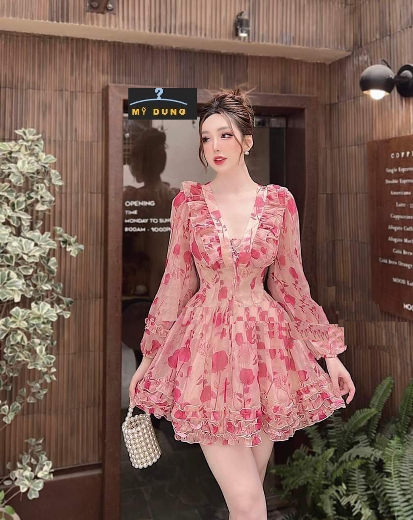 NGỌT NGÀO, NGẤT NGÂY VỚI EM -ĐẦM HOA CỔ V BÈO TẦNG - STYE TIỂU THƯ NHẸ NHÀNG- SANG TRỌNG, ĐÁNG YÊU - HÀNG THIẾT KỂ LOẠI 1, FORM CHUẨN