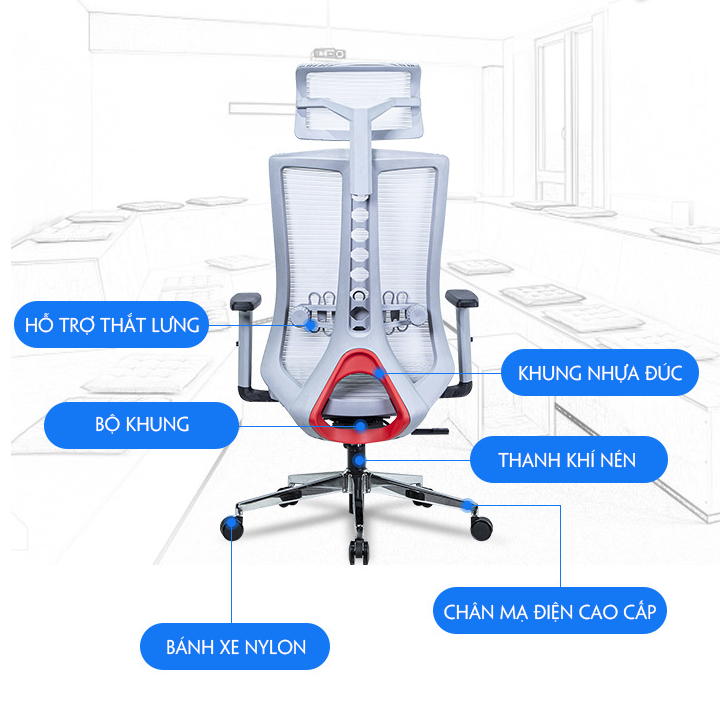 Ghế xoay văn phòng đệm cao su non thiết kế công thái học, đệm cao su non, bảo vệ lưng,tựa lưng và đầu điều chỉnh,lưới thoáng