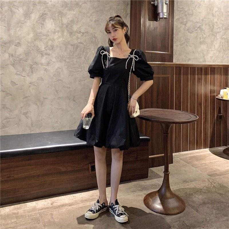 Đầm Nữ Vai Nơ Cổ Vuông Váy Nữ Cộc Tay Dáng Xòe