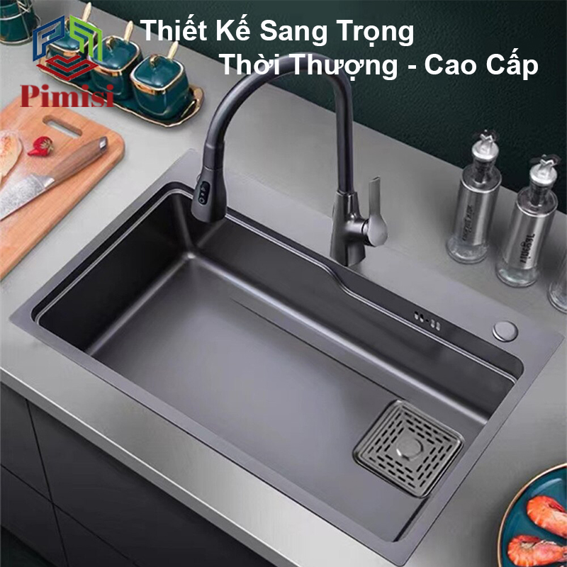 Bồn Rửa Chén Inox 1 Hộc Lớn Pimisi Làm Từ Thép Không Gỉ SUS 304 Nano Silver Bạc Xám Cao Cấp Kiểu Ngăn To 1 Hố, Kèm 1 Khay Chậu Rửa Bát Nhỏ Đơn Gác Bồn Sang Trọng Với Đầy Đủ Phụ Kiện Xi Phông, Gắn Được Âm - Dương Bàn Đá Bếp | Hàng Chính Hãng