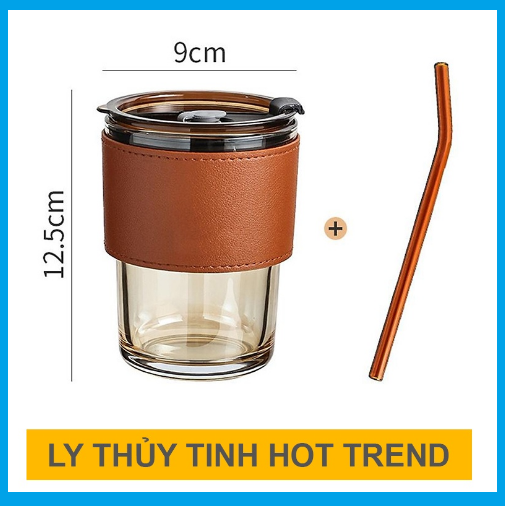 Cốc Ly Thủy Tinh 450ML Bọc Da Cao Cấp Tặng Kèm Nắp Đậy Và Ống Hút Thủy Tinh GD596-LyTT