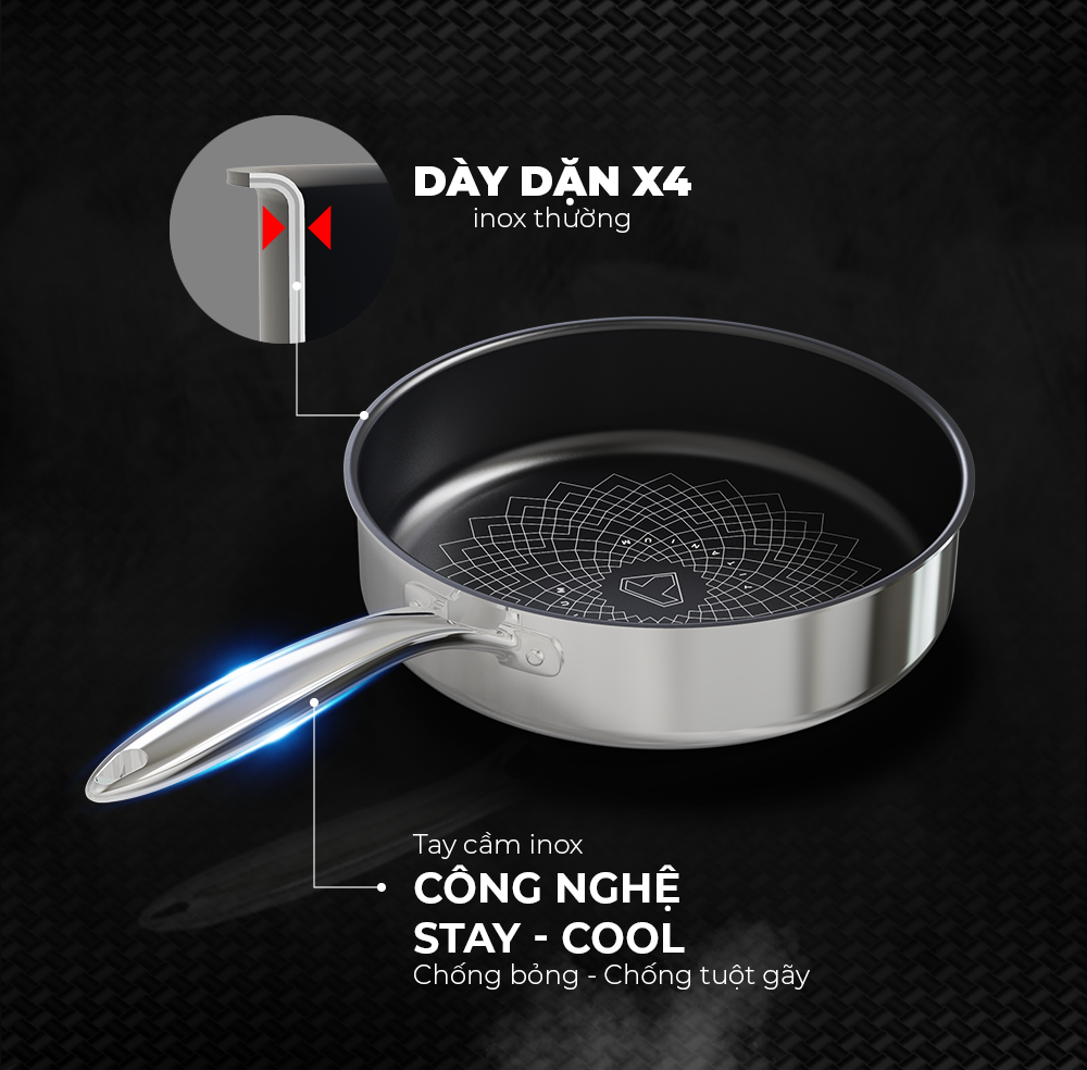 Chảo inox 3 lớp liền đáy chống dính Ultra Titanium Sunhouse STI18-26M - Hàng chính hãng