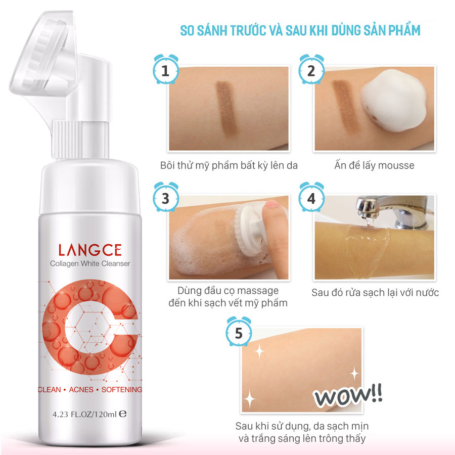 Cọ Massage Rửa Mặt Sáng Da Collagen+ Thải Độc Tố Kiềm Dầu 120ml TẶNG Kem Làm Rụng Lông Trắng Da 20ml LANGCE