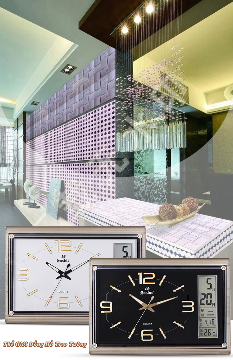 Đồng Hồ Cao Cấp EASTAR Có DẠ QUANG &amp; LỊCH và NHIỆT KẾ ĐIỆN TỬ - Máy KIM TRÔI - Tặng Pin Maxell - Decor Trang Trí Nhà - BH 1 Năm