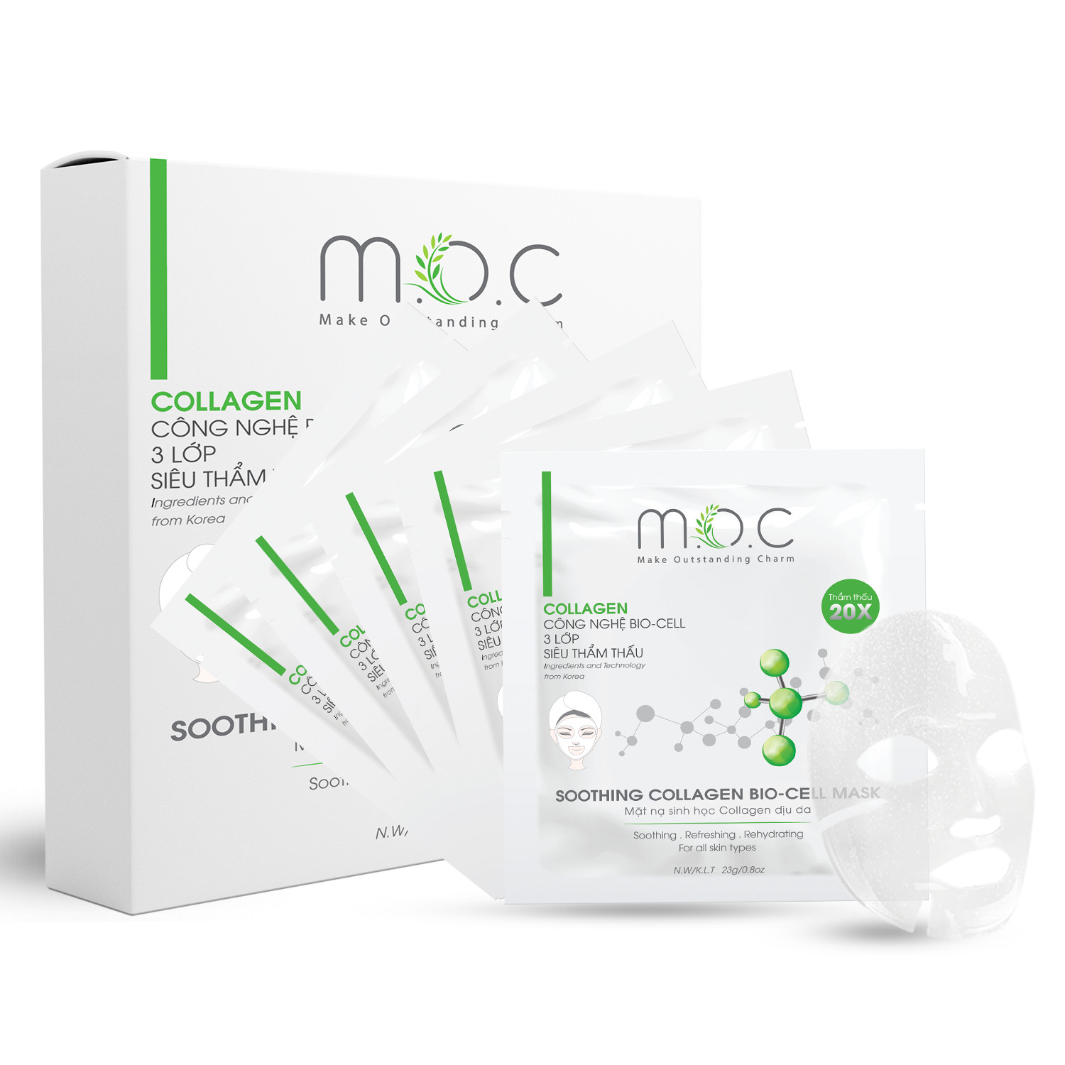 Hộp 5 Miếng Mặt Nạ Sinh Học Collagen Dịu Da - Cân bằng dầu nước, phục hồi thương tổn, Cung cấp dưỡng chất Collagen thủy phân cao, (HA), ôm khít như làn da thứ 2 mềm mịn và trắng sáng