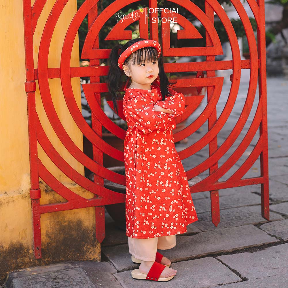 Áo Dài Tết Cách Tân Cho Bé Gái Hoạ Tiết Hoa Nhí  [Tặng Kèm Mấn] - Áo Dài &quot;Xuân&quot; - AD004 - SAOLA KIDS CLOTHING