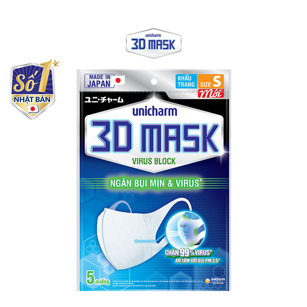 Bộ 6 Khẩu Trang Unicharm 3DMask Virus Block size S gói 5 miếng