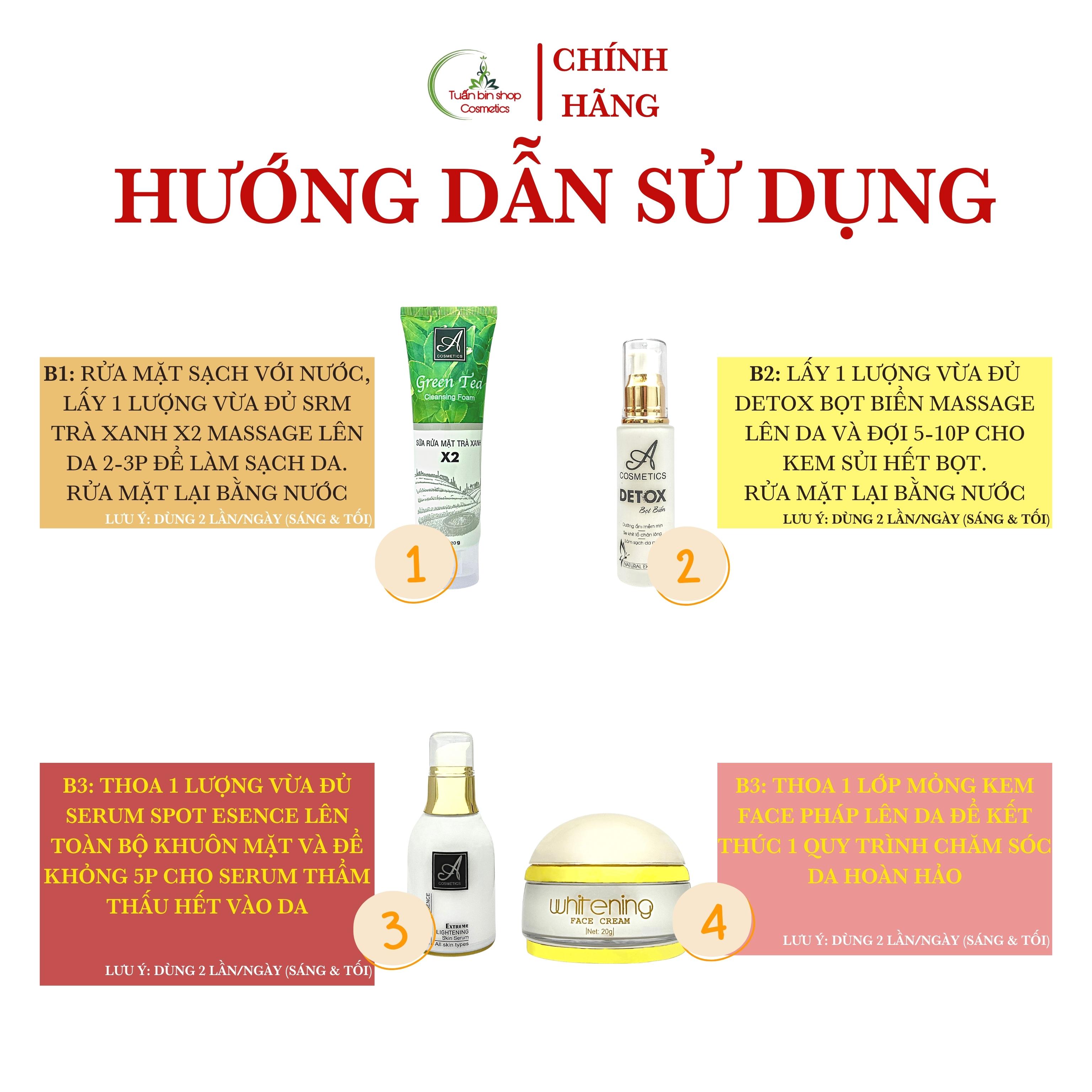 Combo dưỡng trắng da mặt hoàn hảo Acosmetics, kem face pháp, serum dưỡng ẩm, sữa rửa mặt trà xanh x2, detox bọt biển 220g
