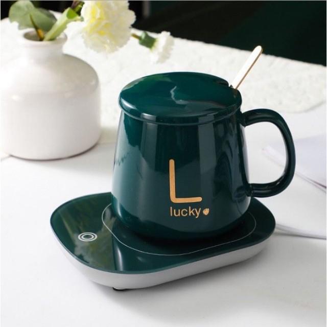 Cốc Hâm Nóng đồ uống kèm đế điện, Bộ ly sứ kèm đế điện hâm nóng trà, cafe, hâm sữa + Tặng kèm thìa vàng, hộp sang trọng