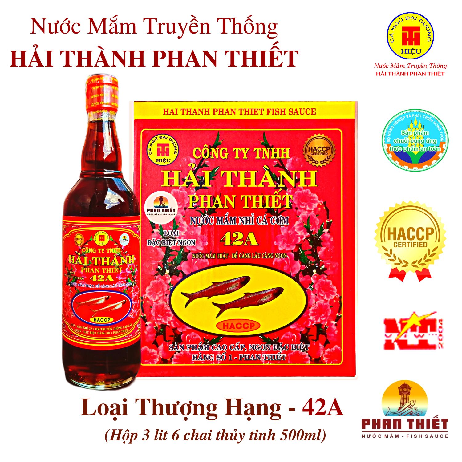 Nước Mắm Cá Cơm Truyền Thống Hải Thành Phan Thiết 42A Nước mắm cá cơm nguyên chất không Ure gây hại, chất bảo quản, cao đạm cá cơm thuần tự nhiên, ưa dùng khẩu vị người Việt. Sản phẩm đã được chứng nhận an toàn, tốt cho sức khỏe HACCP