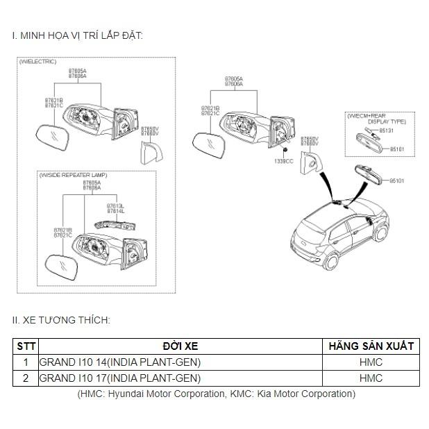 Mặt gương kính chiếu hậu xe Hyundai Grand I10