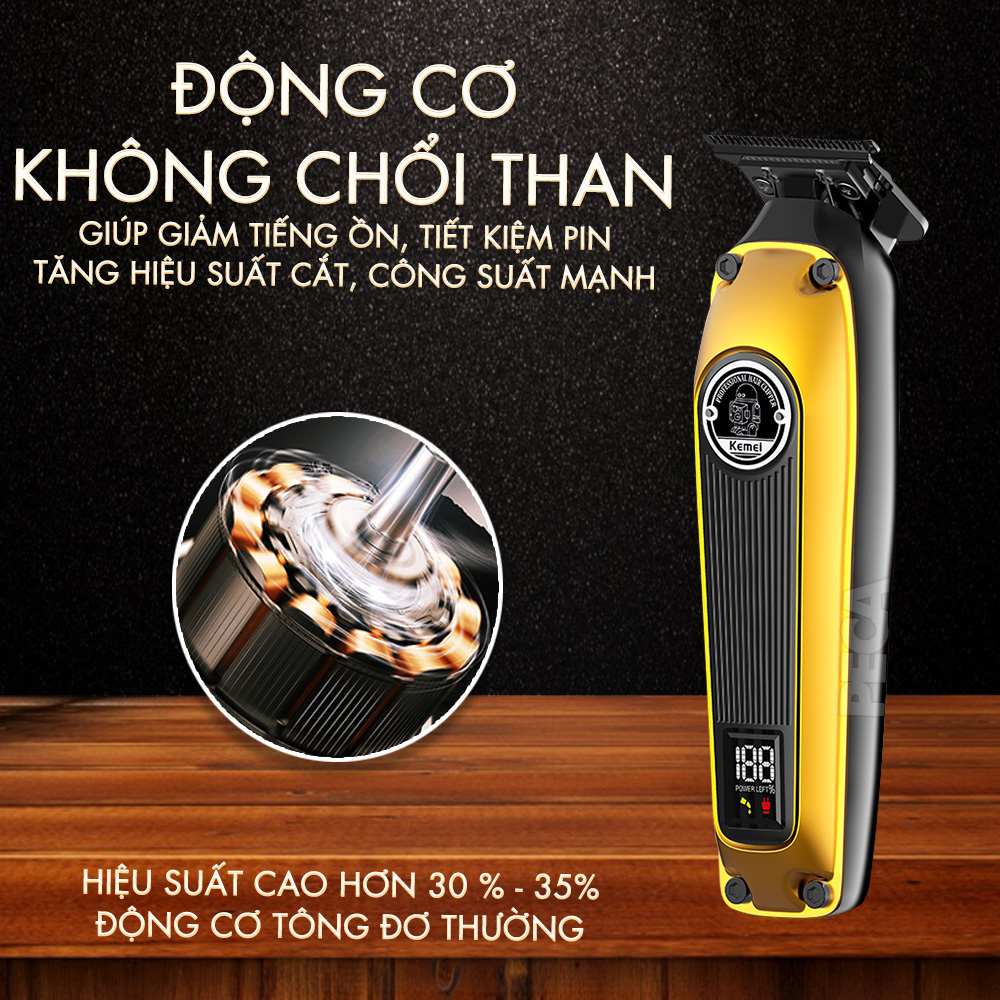 Tông đơ chấn viền chuyên nghiệp Kemei KM-1855 lưỡi mạ carbon DLC cao cấp, động cơ không chổi than, công suất mạnh 8W không nóng hoạt động hiệu quả - Hàng chính hãng