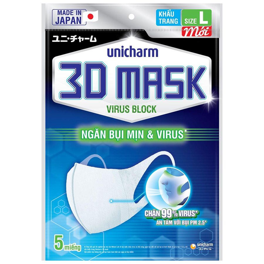 Khẩu Trang Unicharm 3D Mask Virus Block Ngăn Virus - Size L (Gói 5 miếng)