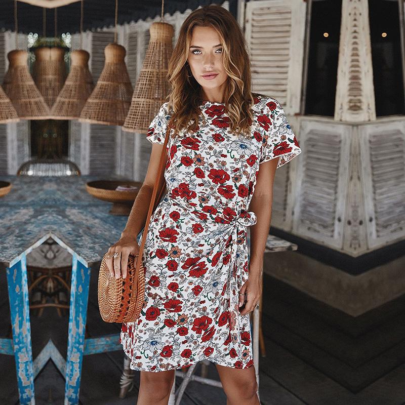 Women Summer Floral Print Dress Tied Waist Irregular Hemline Short Sleeves Bohemian Holiday Beach Casual Dress