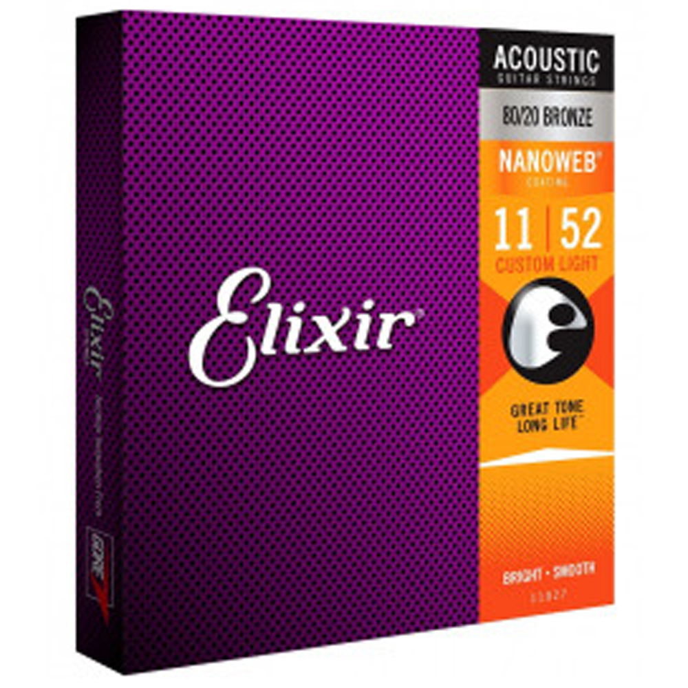 Elixir 11027 - Dây Đàn Acoustic Guitar Cỡ 11 (.011-.052) - 80/20 Bronze Strings Custom Light - Phân Phối Chính Hãng (Bộ Dây phủ lớp Nanoweb cao cấp) - Kèm Móng Gảy DreamMaker