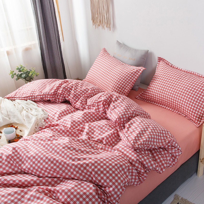 Bộ chăn ga gối cotton LIDACO PL1 - Caro Cam - TẶNG VỎ GỐI ÔM