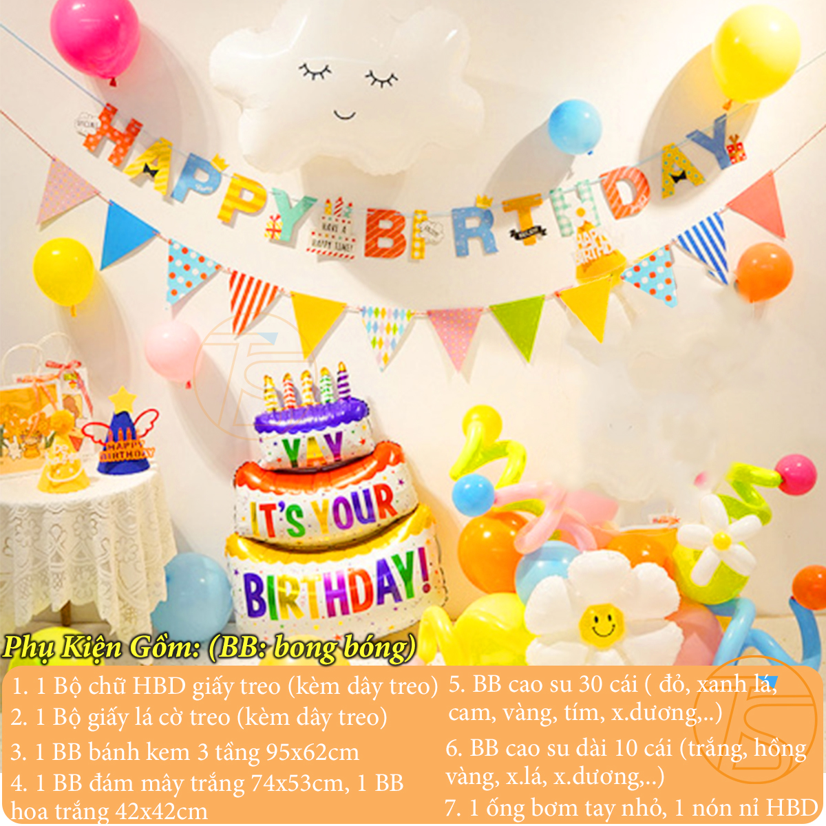 Set trang trí sinh nhật bong bóng hình bánh kem cùng bộ chữ giấy Happy Birthday nhiều màu sắc cho bé kèm theo ống bơm