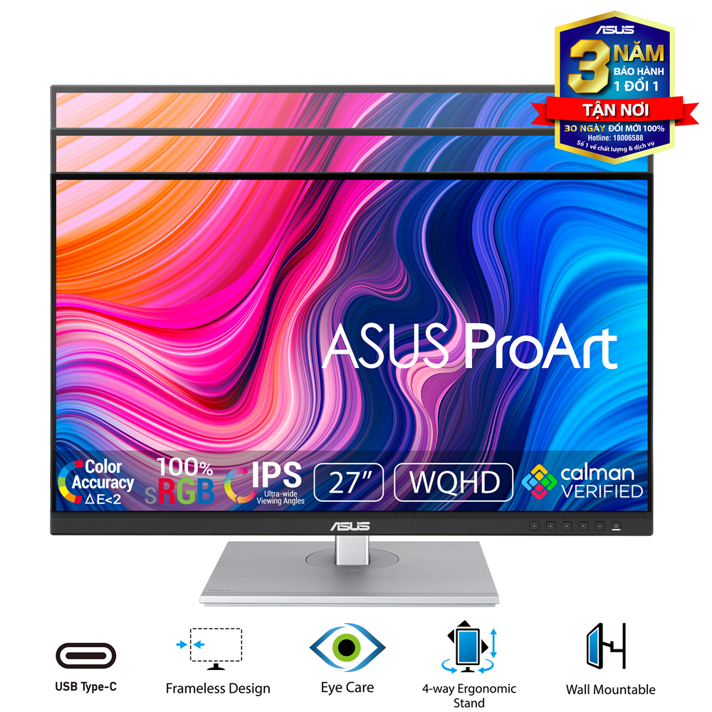 Màn Hình Thiết Kế Đồ Họa Chuyên Nghiệp ASUS ProArt PA278CV 27 inch WQHD (2560x 1440) 5ms 75 Hz IPS/ 100% sRGB, 100% Rec. 709, Độ chính xác màu ΔE &lt;2 - Hàng Chính Hãng