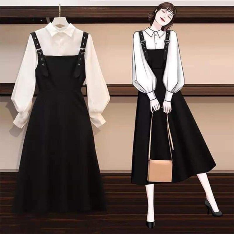 Sét Váy Yếm Ulzzang Phong Cách Hàn Quốc Kèm Áo Sơ Mi