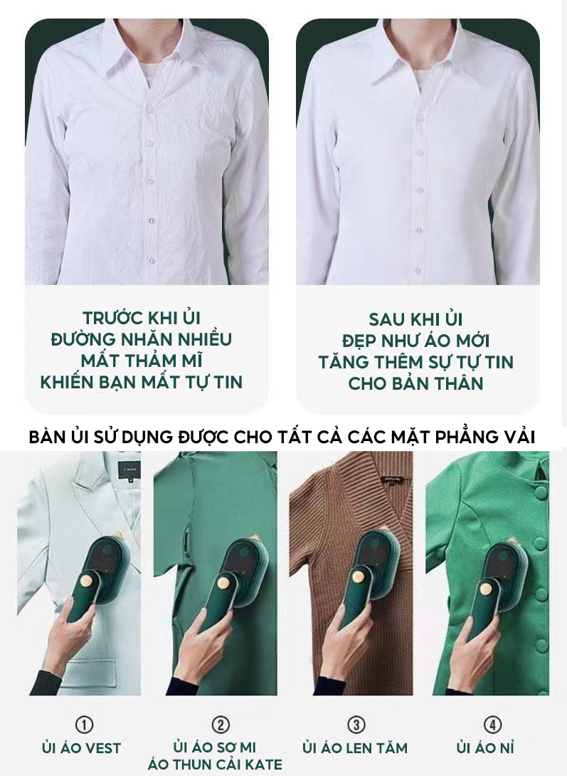 Bàn Ủi Hơi Nước Cầm Tay Nhỏ Gọn Mẫu Mới 2 Trong 1 Có Nút Xịt Nước Tiện Lợi