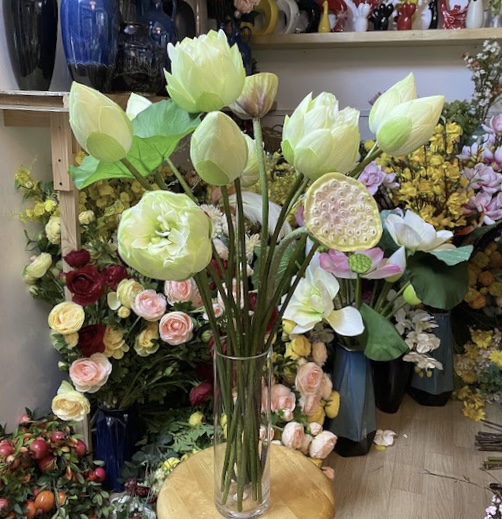 Cành hoa sen cao cấp 2 bông 1 nụ kèm lá tuyệt đẹp -Hoa giả trang trí phòng khách